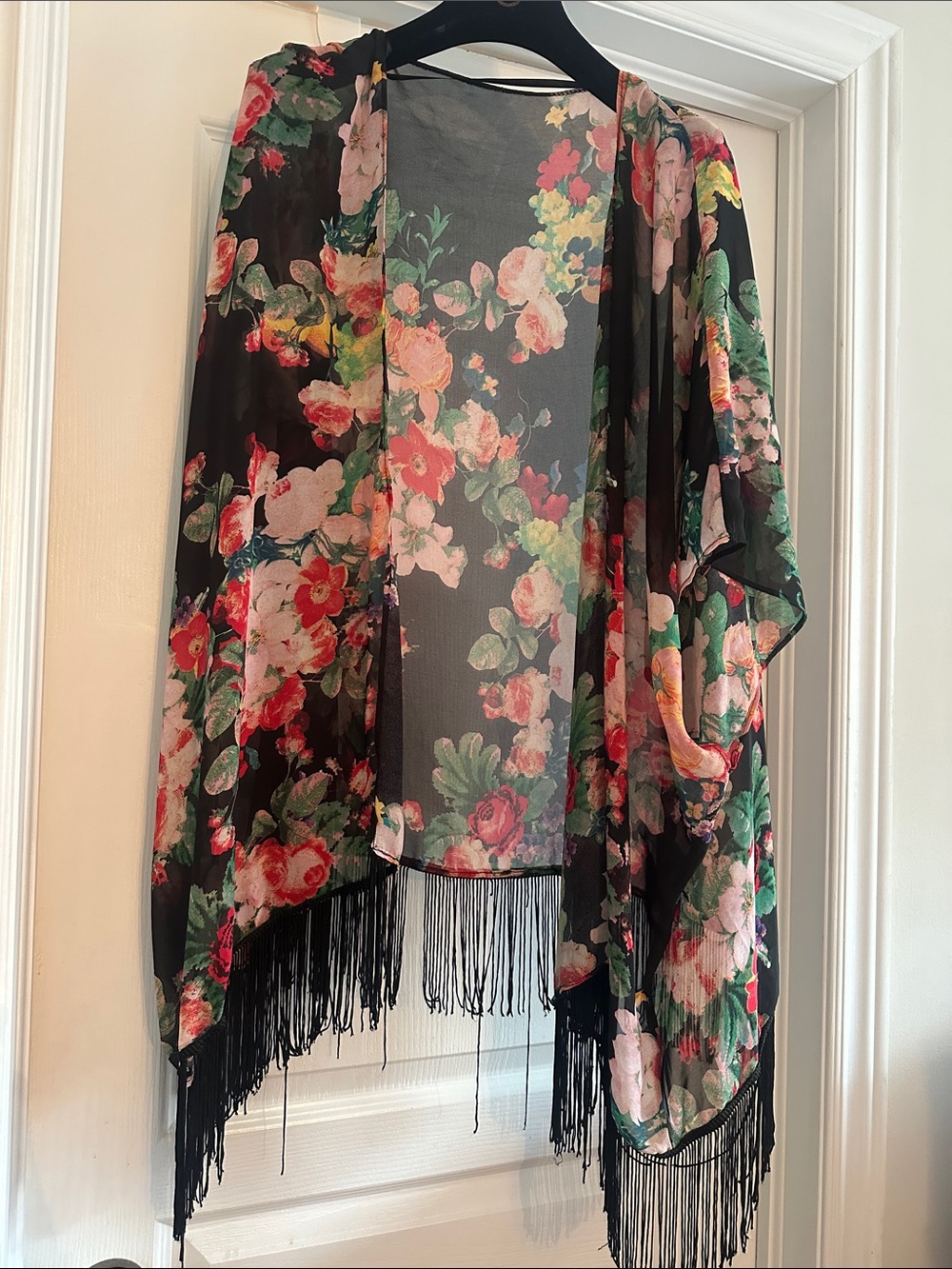 Aldo Black Floral Fringe Beach Kimono